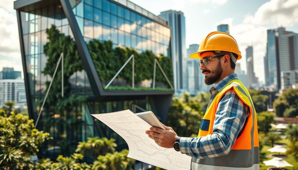 A modern, energy-efficient green building set against a cityscape skyline. In the foreground, an engineer in a hard hat and safety vest examines the detailed building plans, their face illuminated by the warm glow of a tablet screen. The building's facade features sleek, angular design elements and abundant greenery, reflecting sustainable architectural principles. Sunlight streams through large windows, casting soft shadows and highlighting the building's eco-friendly materials. The background showcases a vibrant urban environment, with towering skyscrapers and lush parks, conveying the integration of green engineering within the city landscape.