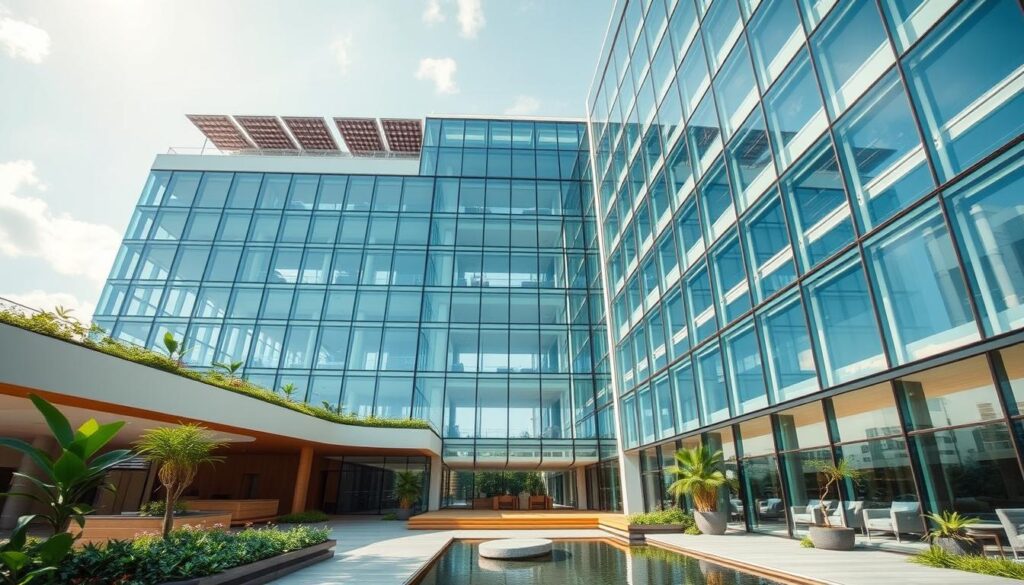 A modern, energy-efficient high-rise building with sleek, angular architecture and extensive glazing. The structure features a glass curtain wall facade, with integrated solar panels on the rooftop. The lobby has a minimalist, open-plan design with natural materials like wood and stone. Lush greenery and water features create a serene, biophilic atmosphere. Large windows allow ample natural light to flood the interior spaces. Cutting-edge smart home technologies and sensors are seamlessly integrated throughout, optimizing energy use and enhancing occupant comfort. Viewed from a low angle, the building's clean lines and innovative design evoke a sense of progressive, sustainable architecture.