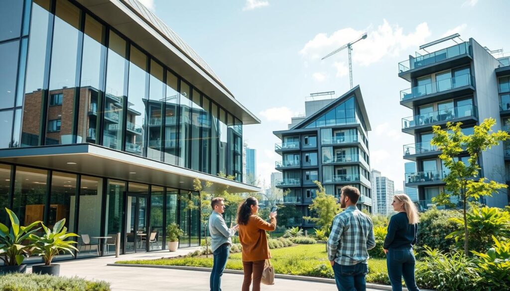 A modern, energy-efficient office building with sleek, angular architecture. The facade features a mix of glass, metal, and solar panels that harness renewable energy. The interior is filled with natural light, with open floor plans and strategically placed windows. In the foreground, a group of professionals discuss sustainability strategies, their attentive expressions reflecting a commitment to environmental responsibility. The middle ground showcases integrated smart home systems, energy-efficient appliances, and cutting-edge insulation materials. The background depicts a vibrant, green urban landscape, underscoring the building's harmony with its surroundings. The overall scene conveys a vision of a sustainable, future-focused approach to civil engineering and architecture.