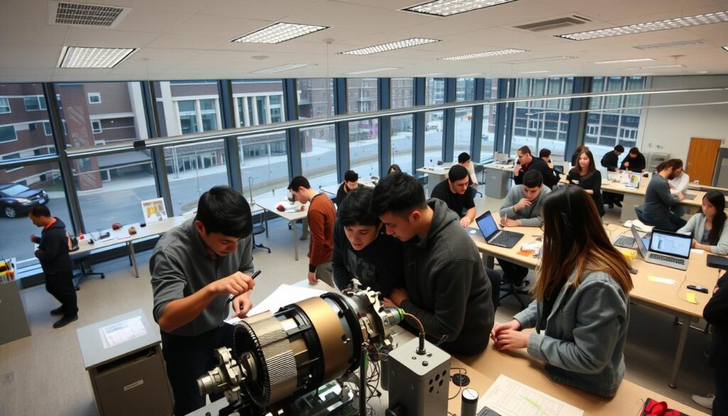 A modern engineering classroom with students engaged in hands-on experimentation. In the foreground, a group huddled around a workbench, intently examining a complex mechanical device. Overhead, a bright, even light illuminates the scene, casting subtle shadows that accentuate the details. In the middle ground, other students collaborate at tables, sketching diagrams and analyzing data on their laptops. The background features a panoramic view of the campus, with cutting-edge laboratories and workshops visible through large windows, conveying a sense of a vibrant, technology-driven educational environment. The overall atmosphere is one of focused, collaborative problem-solving, reflecting the core of successful engineering education.