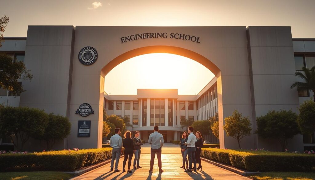 A modern engineering school campus with a grand entrance archway, showcasing its accreditation status. The scene is bathed in warm, golden afternoon light, creating a sense of prestige and accomplishment. In the foreground, a group of students in professional attire stand proudly, gazing up at the imposing archway adorned with the school's official seal and accreditation logos. The middle ground features lush landscaping, with neatly trimmed hedges and blooming flowers lining the walkway leading to the entrance. In the background, the main academic building rises, its sleek, contemporary architecture reflecting the school's commitment to innovation and excellence in engineering education.