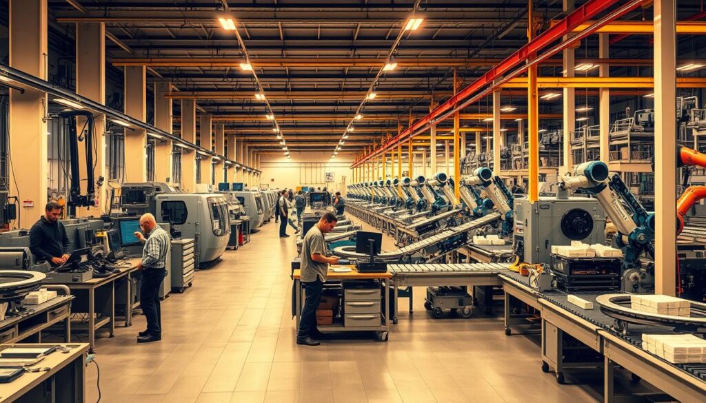 A modern factory floor with workers actively engaged in a variety of production processes. In the foreground, a team collaborates on a workbench, analyzing data and adjusting machinery. The middle ground features automated robotic arms seamlessly coordinating various tasks, while the background showcases an array of sophisticated equipment and conveyor belts transporting finished goods. Warm, diffused lighting illuminates the scene, creating an atmosphere of productivity and continuous improvement. The overall composition emphasizes the harmonious integration of human expertise and technological innovation, reflecting the continuous evolution of efficient and adaptive production processes.