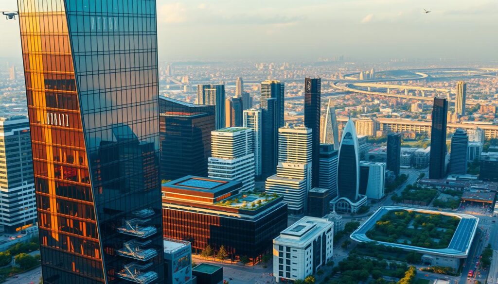 A modern, futuristic cityscape with sleek, innovative buildings showcasing the latest in smart city technology. In the foreground, a gleaming glass skyscraper with a streamlined, geometric design, illuminated by warm, directional lighting that casts dramatic shadows. In the middle ground, smaller commercial and residential structures with integrated solar panels, green roofs, and energy-efficient systems. The background features a vibrant, bustling urban landscape, with automated transportation systems, drone technology, and lush greenery woven throughout. The overall scene conveys a sense of progress, collaboration, and a vision for a sustainable, technologically-advanced future.