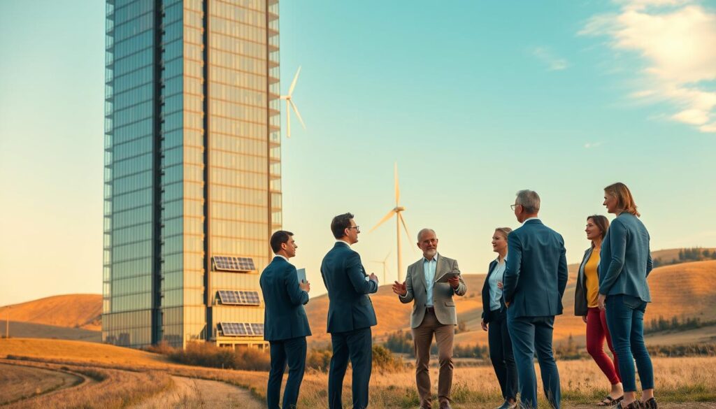 A modern, glass-and-steel skyscraper stands tall against a backdrop of rolling hills and a clear, azure sky. The building's facade is adorned with solar panels, wind turbines, and other eco-friendly design elements, reflecting the financial strategies employed to make it a sustainable, cost-effective green structure. In the foreground, a group of businesspeople in suits and casual attire discuss investment opportunities, their gestures animated as they consider the building's innovative technologies and energy-saving features. Warm, diffused lighting illuminates the scene, conveying a sense of optimism and prosperity in the face of environmental challenges.