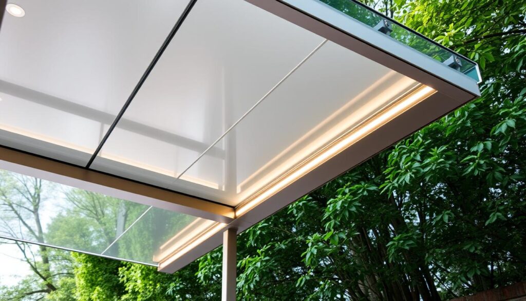 A modern glass canopy design with clean, minimalist lines and a sleek aesthetic. The canopy's structure is composed of high-quality, tempered glass panels supported by a minimalist metal frame in a brushed steel finish. The lighting is a combination of discreet overhead downlights and integrated LED strips along the frame, casting a warm, inviting glow. The scene is set against a backdrop of lush, verdant foliage, suggesting an elegant, nature-inspired outdoor living space. The camera angle is slightly elevated, highlighting the canopy's architectural elegance and seamless integration with the surrounding environment.