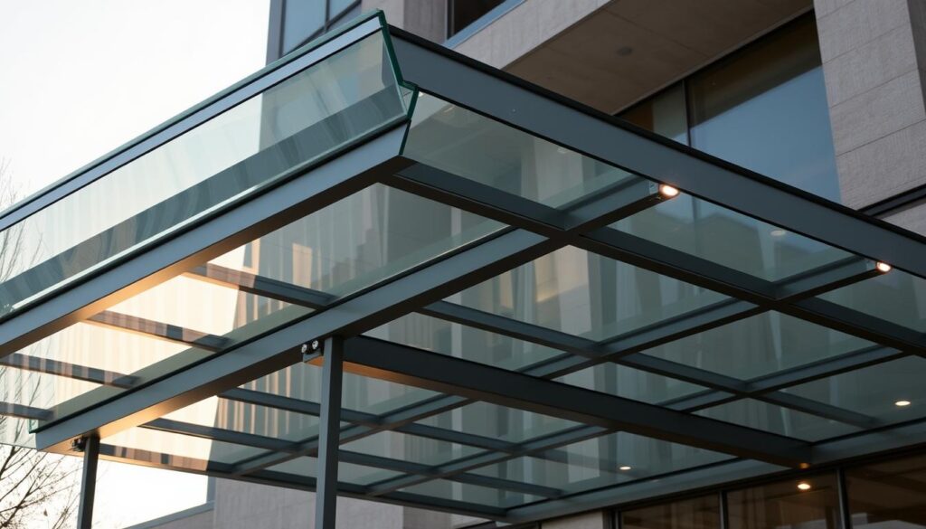 A modern glass canopy structure with a sleek, minimalist design. The canopy's frame is composed of clean, intersecting lines of steel or aluminum, creating a well-balanced, geometric silhouette. The glass panels are seamlessly integrated, reflecting the surrounding environment and refracting the sunlight in a warm, diffused glow. The structure is elevated on slender supports, giving it a sense of lightness and transparency. The lighting is subtle, with discreet fixtures illuminating the canopy from above, casting a gentle, ambient light. The overall atmosphere is one of sophistication and innovation, showcasing the latest advancements in glass canopy construction.