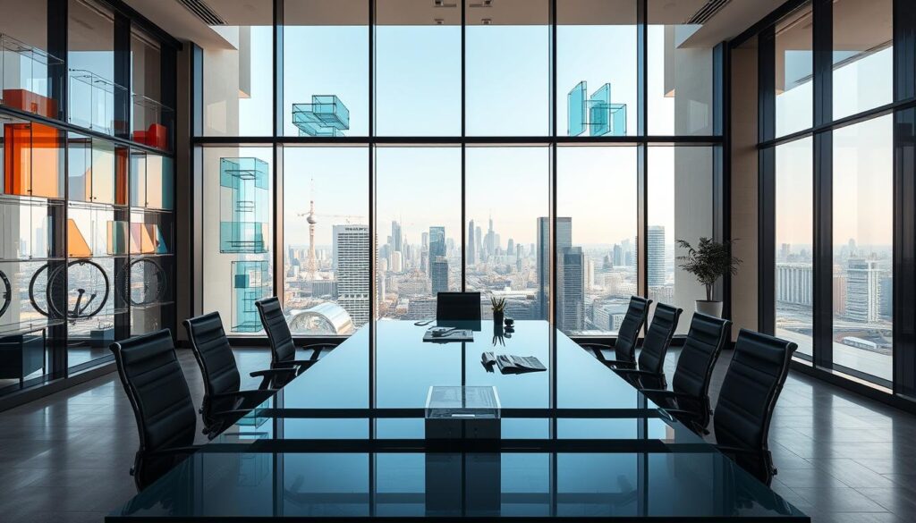 A modern glass engineering office with floor-to-ceiling windows, showcasing various architectural glass samples. The foreground features a sleek glass conference table surrounded by ergonomic chairs, creating a professional and collaborative atmosphere. The middle ground displays glass models, blueprints, and technical instruments, highlighting the consultants' expertise. The background features a panoramic cityscape view, emphasizing the company's urban location and connectivity. Soft, natural lighting filters through the windows, casting a warm, inviting glow throughout the space. The overall scene conveys the benefits of hiring skilled glass engineering consultants: a visually striking, technologically advanced, and client-focused workspace.