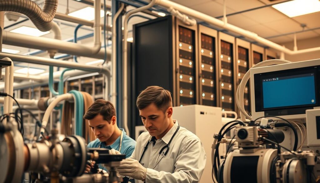 A modern healthcare facility bustling with engineering prowess. In the foreground, a team of technicians meticulously inspecting intricate medical equipment, their expressions focused and determined. The middle ground reveals a network of sleek, color-coded pipes and ductwork, the lifeblood of the building's climate control and ventilation systems. In the background, a towering bank of servers hums with the processing power required to manage the facility's complex digital infrastructure, casting a soft, ambient glow. Warm, diffused lighting bathes the scene, creating a sense of order and efficiency. The overall atmosphere conveys the essential role of specialized engineering in elevating the healthcare experience.