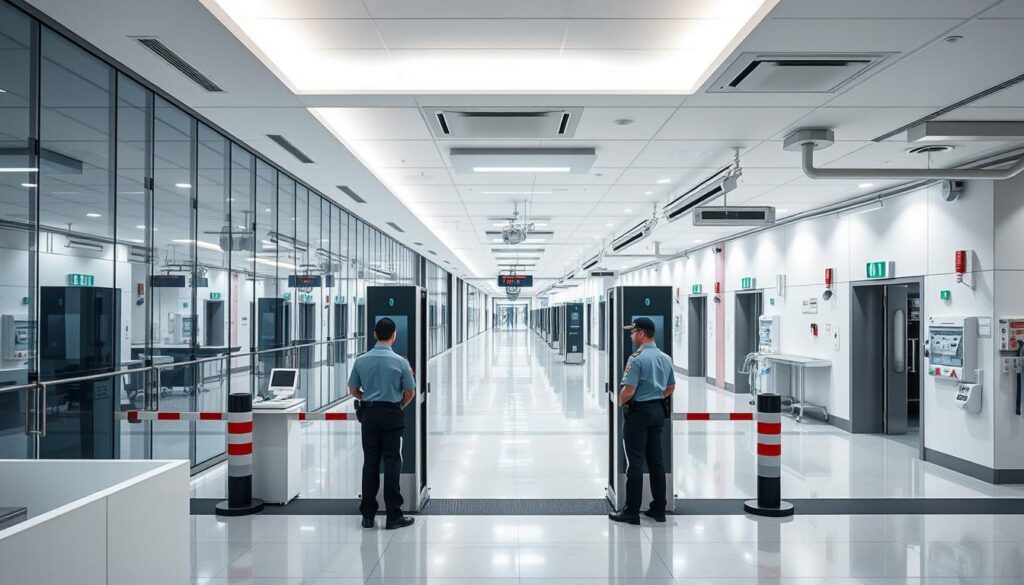 A modern healthcare facility with a focus on safety and security. In the foreground, a well-lit reception area with a sleek, minimalist design featuring glass walls and clean lines. In the middle ground, a security checkpoint with guards and scanners, ensuring a secure entry process. In the background, a series of interconnected hallways and rooms, with advanced monitoring systems, emergency exits, and state-of-the-art fire suppression equipment. The overall atmosphere is one of professionalism, efficiency, and a strong emphasis on the well-being and protection of patients, staff, and visitors.