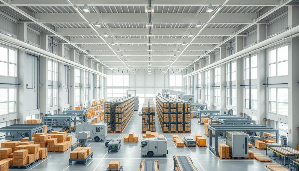 A modern, high-tech logistics facility with a sleek, minimalist design. The layout features a central warehouse area with rows of towering storage racks, surrounded by various processing and distribution zones. Automated material handling systems move goods efficiently through the facility. Bright, diffused lighting bathes the scene, complemented by large windows that allow natural light to flood the space. The overall atmosphere is one of precision, organization, and forward-thinking in cargo facility design.