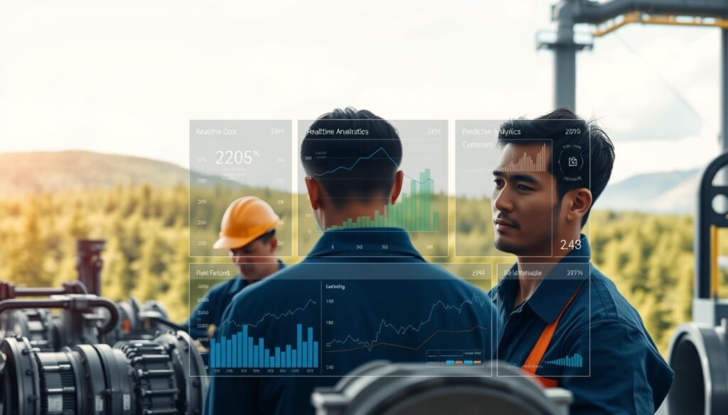 A modern industrial facility with well-maintained machinery, surrounded by a serene landscape. In the foreground, a team of technicians diligently inspecting equipment, their faces reflecting deep concentration. The middle ground showcases a comprehensive digital dashboard, displaying real-time data and predictive analytics for optimized maintenance scheduling. In the background, a verdant forest and a clear sky, symbolizing the long-term sustainability of the facility's operations. Soft, diffused lighting creates a sense of tranquility, while the overall composition conveys the importance of a strategic, long-term approach to equipment maintenance.