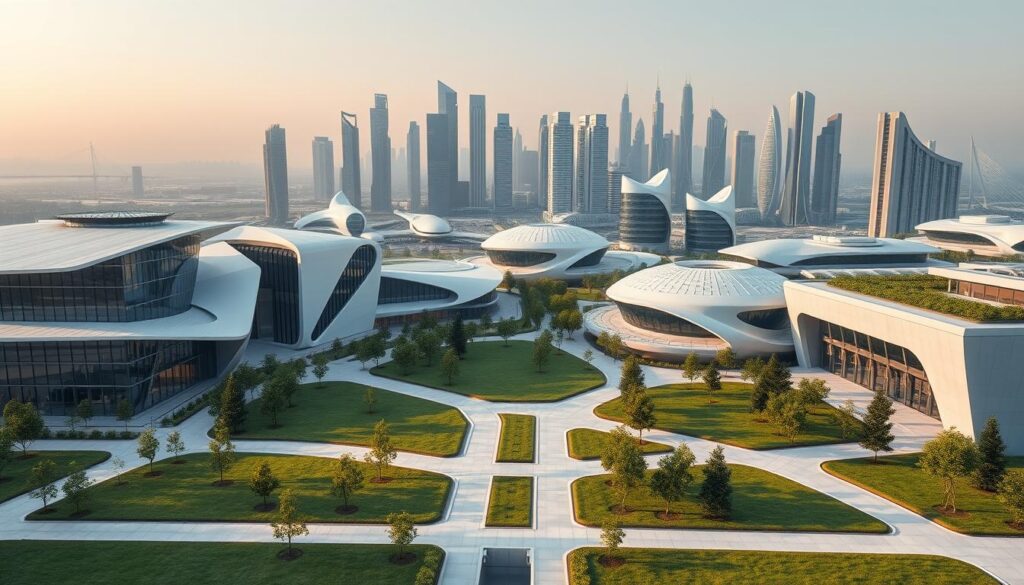 A modern, minimalist architectural landscape showcasing a collection of prominent material science organizations. In the foreground, sleek, angular glass and steel buildings with clean lines and subtle textures. Midground features lush, manicured green spaces and walkways, creating a harmonious balance between nature and technology. In the background, a futuristic cityscape with towering skyscrapers and advanced transportation infrastructure. Diffused, warm lighting casts a welcoming glow, highlighting the state-of-the-art facilities. The scene conveys a sense of innovation, collaboration, and the collective pursuit of material engineering excellence.
