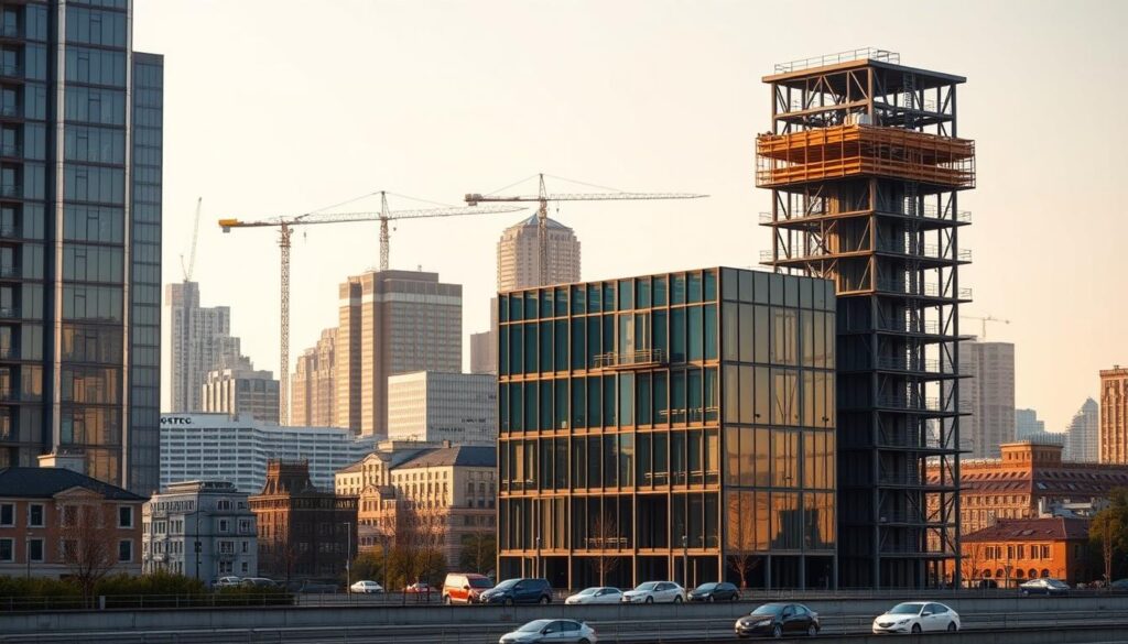 A modern, minimalist cityscape with a mix of traditional and modular structures. In the foreground, a sleek, steel-framed modular building stands as a testament to efficient construction. In the middle ground, cranes and scaffolding suggest ongoing modular projects, while in the background, a skyline of diverse architectural styles blends seamlessly. The scene is bathed in warm, golden light, conveying a sense of progress and economic prosperity. The overall composition highlights the harmonious integration of modular elements within the urban landscape, reflecting the economic benefits of this innovative construction approach.