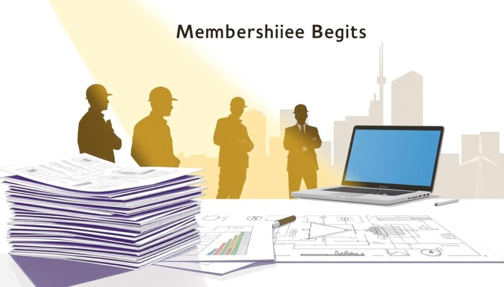 A modern, minimalist illustration of the key membership benefits of the Institution of Engineers of Kenya (IEK). In the foreground, a stack of technical documents, engineering blueprints, and a laptop, conveying the access to professional resources and knowledge-sharing. In the middle ground, silhouettes of engineers in hard hats, symbolizing the community and networking opportunities. In the background, a sleek, angular cityscape, hinting at the legislative and policy influence the IEK wields. The scene is illuminated by warm, directional lighting, creating depth and emphasis on the central elements. The overall mood is one of professionalism, progress, and the empowerment of Kenya's engineering community.
