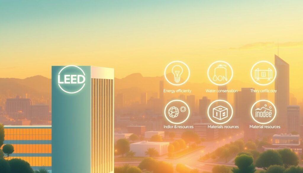 A modern, minimalist illustration showcasing the key benefits of LEED certification. In the foreground, a sleek, sustainable building with clean architectural lines and prominent LEED logo. In the middle ground, glowing icons highlighting LEED's core pillars: energy efficiency, water conservation, indoor environmental quality, and materials & resources. The background features a stylized cityscape, bathed in warm, natural lighting to convey a sense of progress and prosperity. The overall composition strikes a balance between the built environment and natural elements, reflecting the holistic approach of LEED design. The image should inspire confidence in LEED's role in transforming civil engineering towards a more sustainable future.