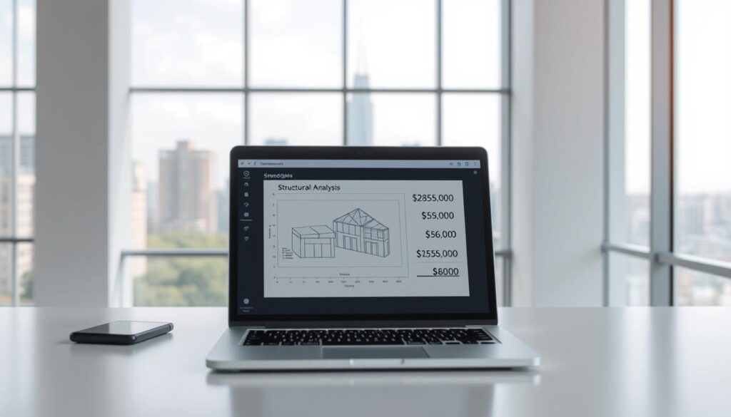A modern, minimalist office interior with clean lines and natural lighting. On the desk, a laptop displays a schematic diagram and financial calculations, representing the cost considerations of structural analysis software. In the background, a large window overlooking a cityscape, symbolizing the broader context of the industry. The scene conveys a sense of professionalism, efficiency, and the careful balance between technological capabilities and budgetary constraints.