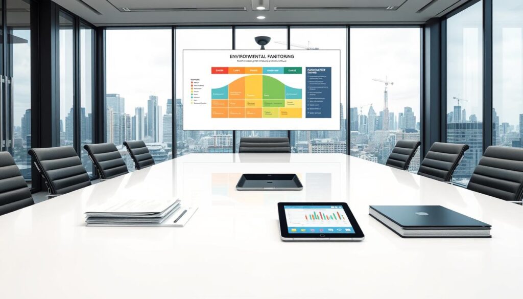 A modern, minimalist office interior with floor-to-ceiling windows overlooking a cityscape. In the foreground, a sleek, glass-topped conference table surrounded by ergonomic chairs. On the table, a stack of documents, a laptop, and a tablet displaying environmental monitoring data. In the middle ground, a large wall-mounted display showing a color-coded regulatory framework diagram. The background features a city skyline, with tall buildings and cranes in the distance, conveying a sense of progress and development. Bright, diffused lighting illuminates the scene, creating a professional, authoritative atmosphere.