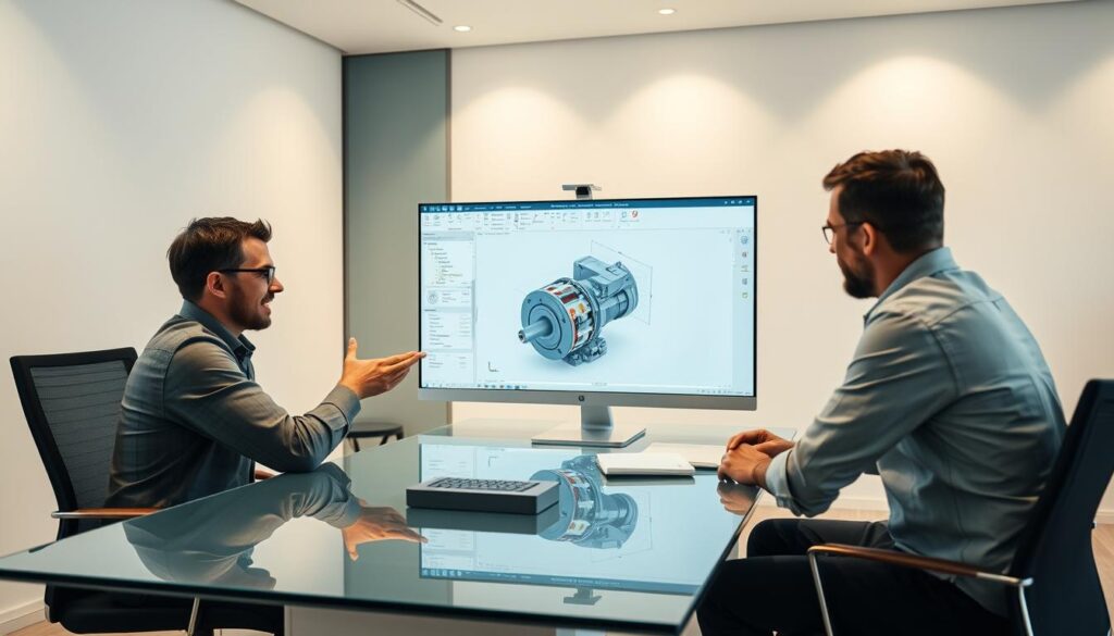 A modern, minimalist office setting with three designers collaborating over a large, high-resolution computer display. The display shows a 3D mechanical part with various annotation tools and controls. Sitting around a sleek, glass-topped table, the designers are engaged in lively discussion, gesturing to the screen and sharing ideas. Warm, indirect lighting creates a focused, productive atmosphere. The room has clean lines, neutral colors, and a sense of openness and collaboration. The designers' expressions convey a spirit of teamwork and problem-solving as they work together on the mechanical design.