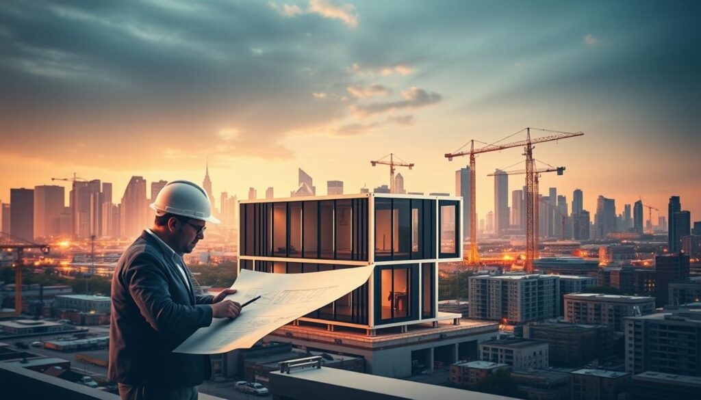A modern modular construction company situated in a bustling urban landscape. In the foreground, a team of architects and engineers review blueprints, their expressions focused and determined. In the middle ground, a partially assembled modular building unit stands, its sleek, modular design showcasing the efficiency of prefabricated construction. In the background, a skyline of towering skyscrapers and cranes suggests the scale and scope of the company's operations. Warm, directional lighting illuminates the scene, casting dramatic shadows and highlighting the precision and innovation of the modular approach. The overall atmosphere conveys a sense of progress, technology, and the future of sustainable, adaptable building solutions.