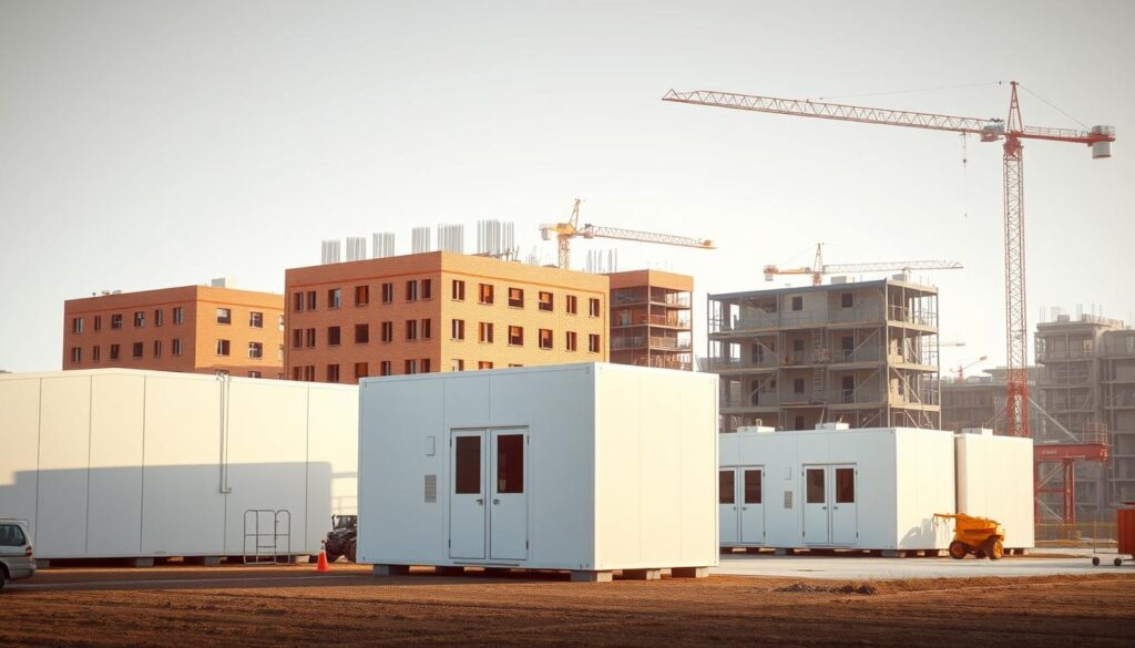 A modern modular construction site with sleek, prefabricated panels and a crane in the foreground, contrasted with a traditional construction site in the background featuring brick and mortar buildings, heavy machinery, and a cluttered, chaotic atmosphere. The modular site has clean lines, efficient workflow, and a serene, organized environment, while the traditional site appears more labor-intensive and disorderly. Soft, directional lighting illuminates the scene, emphasizing the stark differences between the two construction methods. The image conveys the innovative, streamlined nature of modular construction compared to the more conventional, resource-intensive traditional approach.