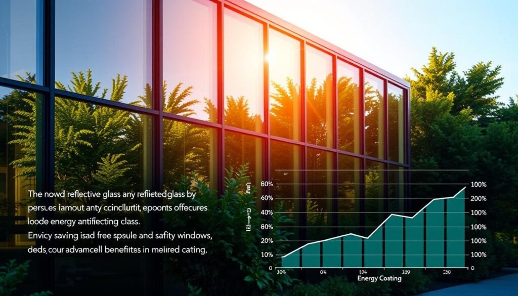 A modern office building with large, energy-efficient windows that feature anti-reflective glass. The windows are bathed in warm, natural light, showcasing the clarity and reduced glare achieved through the advanced coating. In the foreground, a chart or graph illustrates the energy savings and environmental benefits of this type of glass, highlighting its positive impact on sustainability. The background features lush greenery and a clear, blue sky, creating a serene and eco-friendly atmosphere. The overall scene conveys a sense of environmental responsibility and the harmonious integration of cutting-edge technology and nature.