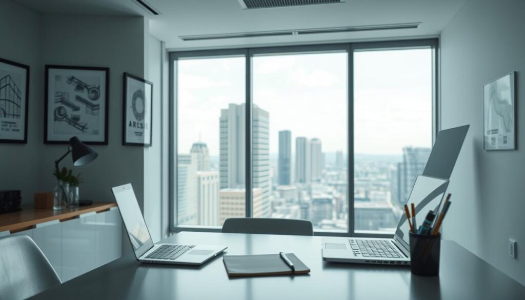 A modern office interior with a clean, minimalist design. In the foreground, a neatly organized desk with a laptop, notepad, and a few essential office supplies. On the walls, framed engineering diagrams and architectural plans hang, providing a professional, technical atmosphere. The lighting is soft and diffused, creating a calm, focused environment. In the background, a large window offers a view of a bustling cityscape, hinting at the dynamic nature of the civil engineering field. The overall scene conveys a sense of preparedness, attention to detail, and a commitment to excellence - qualities essential for success in an entry-level civil engineering role.