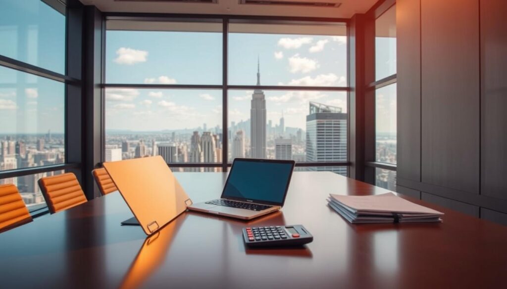 A modern office interior with a large desk showcasing a laptop, calculator, and papers, representing the compensation and benefits associated with a civil engineering internship. The lighting is warm and inviting, creating a professional yet approachable atmosphere. In the background, a panoramic view of the New York City skyline is visible through large windows, emphasizing the prestigious urban setting of the internship. The scene conveys a sense of opportunity and growth within the civil engineering field.