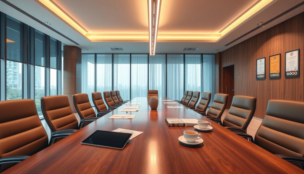 A modern office interior with a large, well-lit conference room. The room has floor-to-ceiling windows, flooding the space with natural light. A long polished wooden table dominates the center, surrounded by ergonomic leather chairs. On the table, various documents, a tablet, and a cup of coffee are neatly arranged, suggesting an ongoing discussion about regulations and standards. The walls are adorned with framed certificates and awards, conveying a sense of professionalism and compliance. Overhead, a sleek, minimalist lighting fixture casts a warm glow, creating a productive and collaborative atmosphere.