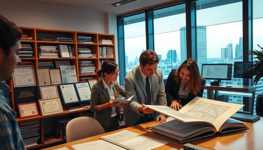 A modern office interior with a large window overlooking a cityscape. In the foreground, a group of professionals engrossed in an engineering textbook and discussing technical diagrams on a table. The middle ground features a display of engineering certificates, awards, and continuing education coursework materials. In the background, a bookshelf filled with engineering reference books and a computer monitor displaying an online course interface. Warm, indirect lighting casts a professional, focused atmosphere. The overall scene conveys a dedication to lifelong learning and professional development in the field of civil engineering.
