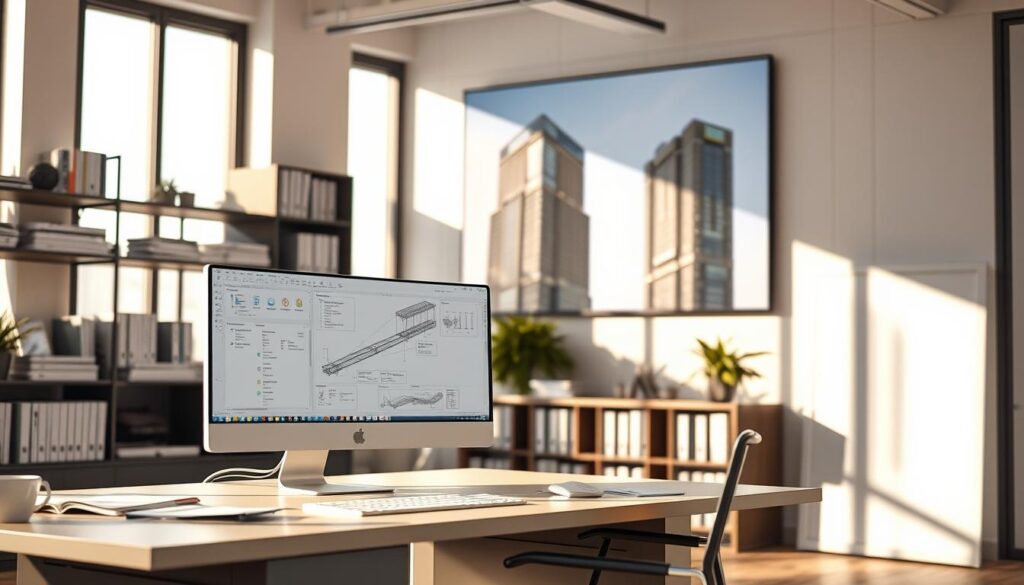 A modern office interior with a sleek, minimalist design. In the foreground, a desk with a high-resolution computer monitor displaying structural engineering software, its interface customized with personalized settings and custom tools. Surrounding the desk, shelves and cabinets filled with technical manuals, 3D model printouts, and engineering references. Diffused natural lighting filters in through large windows, casting a warm glow on the scene. In the background, a wall-mounted display shows a detailed 3D model of a skyscraper, its structural elements highlighted and annotated. The overall atmosphere conveys a sense of focused productivity and technological sophistication.