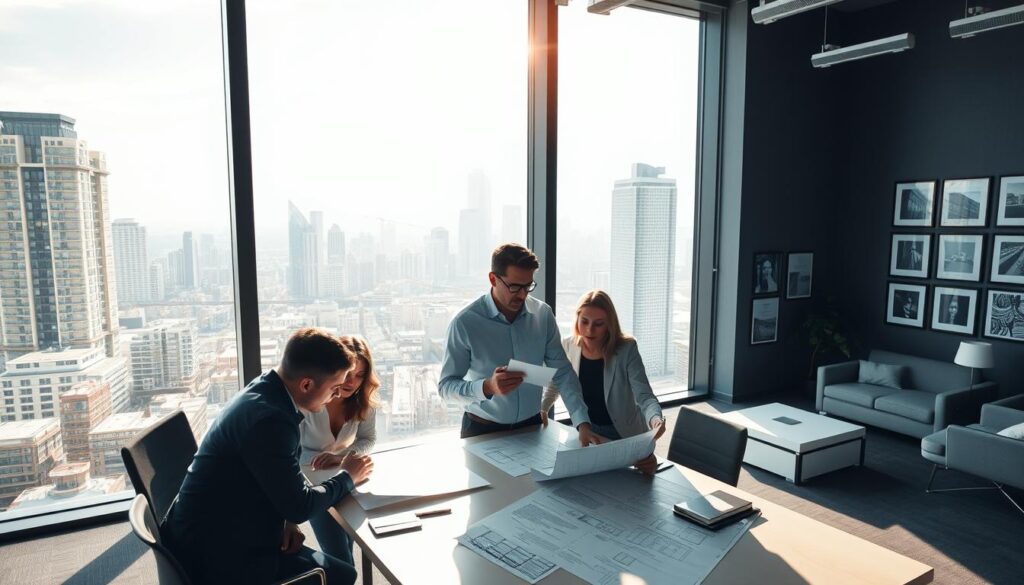A modern office interior with large windows overlooking a bustling city skyline. In the foreground, a team of civil engineers collaborating around a table, gesturing animatedly as they review technical drawings. Sunlight streams in, casting a warm, productive glow. In the middle ground, framed photographs and certificates adorn the walls, showcasing the firm's prestigious projects and awards. The background features sleek, minimalist furniture and décor, reflecting the consultancy's sophisticated, results-driven brand. The overall atmosphere conveys a sense of professionalism, innovation, and a track record of delivering successful engineering solutions.