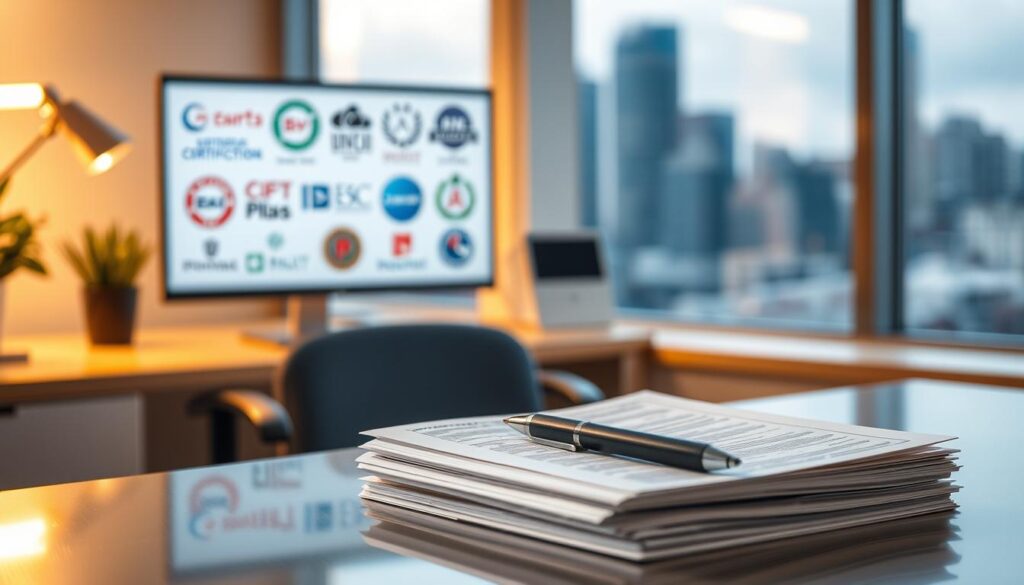 A modern office setting with a desk, chair, and computer monitor displaying various civil engineering certification program logos and badges. In the foreground, a stack of certification documents and a pen. Soft, warm lighting illuminates the scene, creating a professional, yet inviting atmosphere. The background features a blurred cityscape, suggesting the practical application of these certifications in the real world. The overall composition conveys the importance of choosing the right civil engineering certification to advance one's career and expertise.