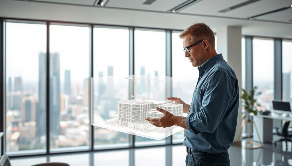 A modern office setting with a large, airy window overlooking a bustling city skyline. In the foreground, a civil engineer is standing in front of a holographic display, examining a detailed 3D model of a construction project. The model is rendered with exceptional precision, showcasing the intricate design and engineering features. Soft, diffused lighting from the window creates a serene, productive atmosphere. The engineer's expression is one of focused concentration, highlighting the increased accuracy and precision enabled by BIM technology. The background features sleek, minimalist office furniture and equipment, reinforcing the advanced, technology-driven nature of the civil engineering field.