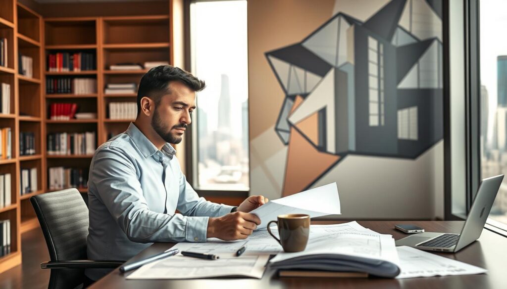 A modern office setting, with a large window overlooking a bustling city skyline. In the foreground, a well-dressed civil engineer sits at a desk, intently studying blueprints and technical documents. The desk is neatly organized, with a laptop, design tools, and a mug of steaming coffee. The engineer's face is lit by the soft, natural light filtering in from the window, conveying a contemplative, focused expression. In the middle ground, bookshelves line the walls, filled with engineering reference materials and professional development resources. The background features an abstract, geometric wall mural, hinting at the innovative, forward-thinking nature of the engineering profession. The overall scene radiates a sense of purpose, continuing education, and the importance of staying up-to-date in the rapidly evolving world of civil engineering.