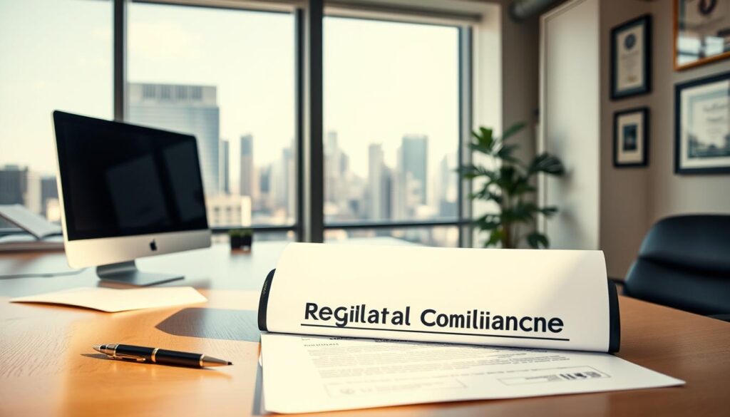 A modern office setting with a large window overlooking a cityscape. In the foreground, a desk with a computer, legal documents, and a pen. Placed prominently on the desk is a folder labeled "Regulatory Compliance". The lighting is soft and natural, creating a sense of professionalism and attention to detail. The walls are decorated with framed certificates and awards, emphasizing the expertise and credibility of the consultancy. The atmosphere conveys a balance of diligence, efficiency, and a commitment to following regulations and obtaining necessary permits for civil engineering projects.