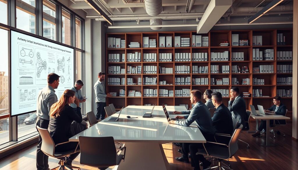 A modern office space, bathed in warm, natural light streaming through floor-to-ceiling windows. In the foreground, a group of professionals in business attire gathered around a sleek, minimalist conference table, intently discussing technical schematics and diagrams projected onto a large, high-resolution display. In the middle ground, a team of engineers and technicians work diligently on laptops, collaborating on software integration and testing protocols. The background features shelves filled with industry standards manuals, technical references, and certification documents, conveying a sense of authority and expertise. The overall atmosphere is one of focused productivity, innovation, and a commitment to implementing cutting-edge technology standards.