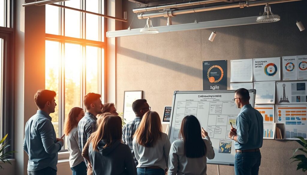A modern office space, bathed in warm natural light streaming through large windows. In the foreground, a team gathers around a whiteboard, engaged in a lively discussion, markers in hand as they outline continuous improvement strategies. The middle ground features agile methodologies and Kanban boards, visually depicting the iterative process of optimizing workflows. In the background, a wall displays inspirational posters and data visualizations, highlighting the importance of data-driven decision-making. The atmosphere is one of collaboration, focus, and a shared commitment to driving ongoing progress.