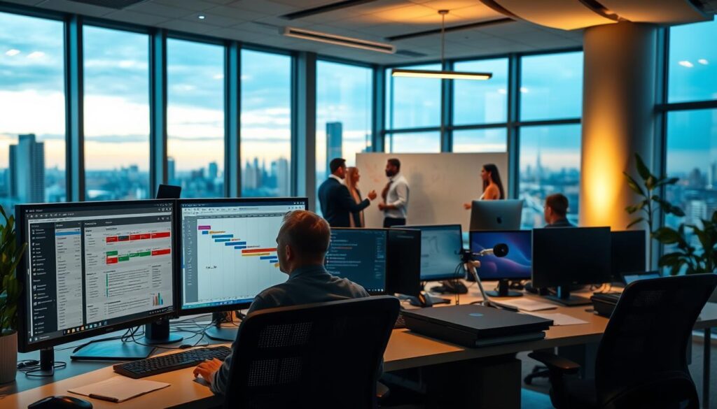 A modern office workspace with a large desk, multiple computer monitors, and a variety of project management software and tools. In the foreground, a Gantt chart and a calendar app are displayed on the screens, while in the middle ground, a team collaborating on a whiteboard. The background features a cityscape view through large windows, with a warm, soft lighting illuminating the scene. The overall atmosphere conveys a sense of productivity, organization, and technological integration in the project management process.