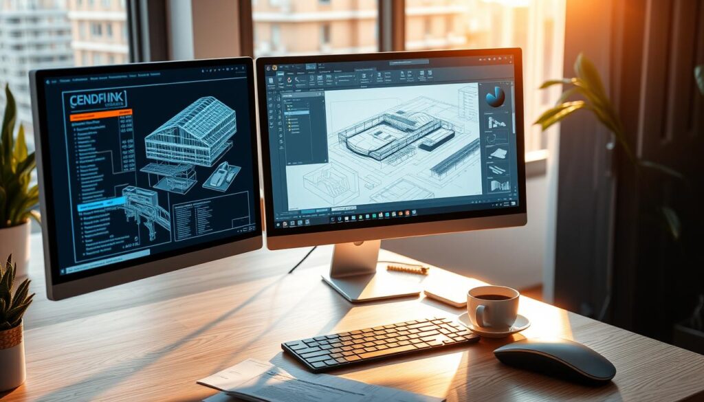 A modern office workspace with a large desktop computer monitor displaying a detailed civil engineering drawing software interface. The software showcases various CAD tools, 3D modeling capabilities, and technical schematics. Warm, natural lighting filters in through a nearby window, casting a soft glow on the scene. The desk is neatly organized with a sleek mouse, keyboard, and a cup of coffee, creating a productive and professional atmosphere. The overall composition emphasizes the benefits of using advanced civil engineering design software to streamline the design process.