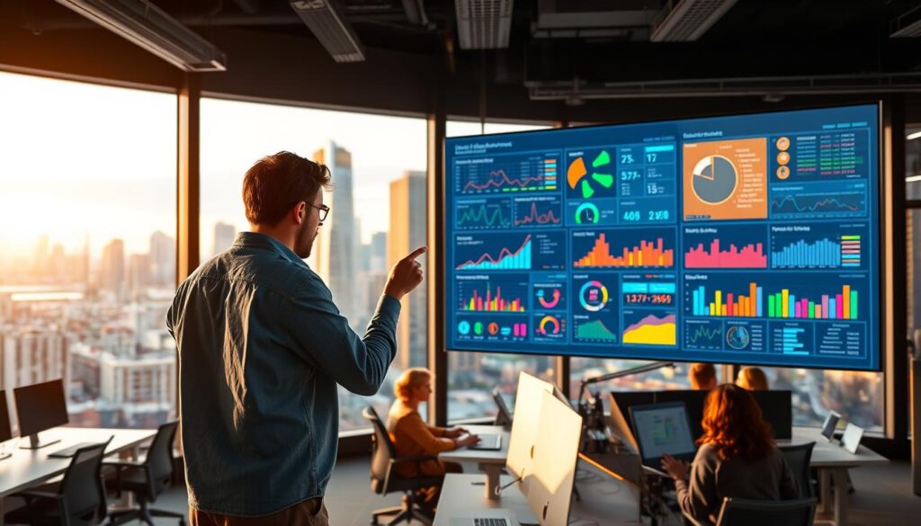 A modern office workspace with panoramic windows overlooking a bustling cityscape. In the foreground, a data analyst intently studies a large, interactive display panel, visualizing real-time sensor data from various civil engineering projects across the city. Colorful graphs, charts, and simulations update in sync, providing deep insights into infrastructure performance, construction progress, and environmental impact. The middle ground features workstations where teams collaborate, sharing insights and making data-driven decisions. In the background, the city skyline is illuminated by warm, golden lighting, conveying a sense of innovation and progress in the field of digital transformation.