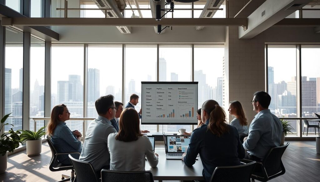 A modern open-office setting, filled with natural light from floor-to-ceiling windows. In the foreground, a team gathers around a large conference table, intensely focused on a presentation displaying budget charts and financial projections. Mid-ground, a whiteboard outlines key project milestones and cost estimates. In the background, the silhouettes of skyscrapers are visible through the windows, conveying a sense of a bustling city. The overall atmosphere is one of collaborative problem-solving, with an air of determination to ensure the project's financial success.