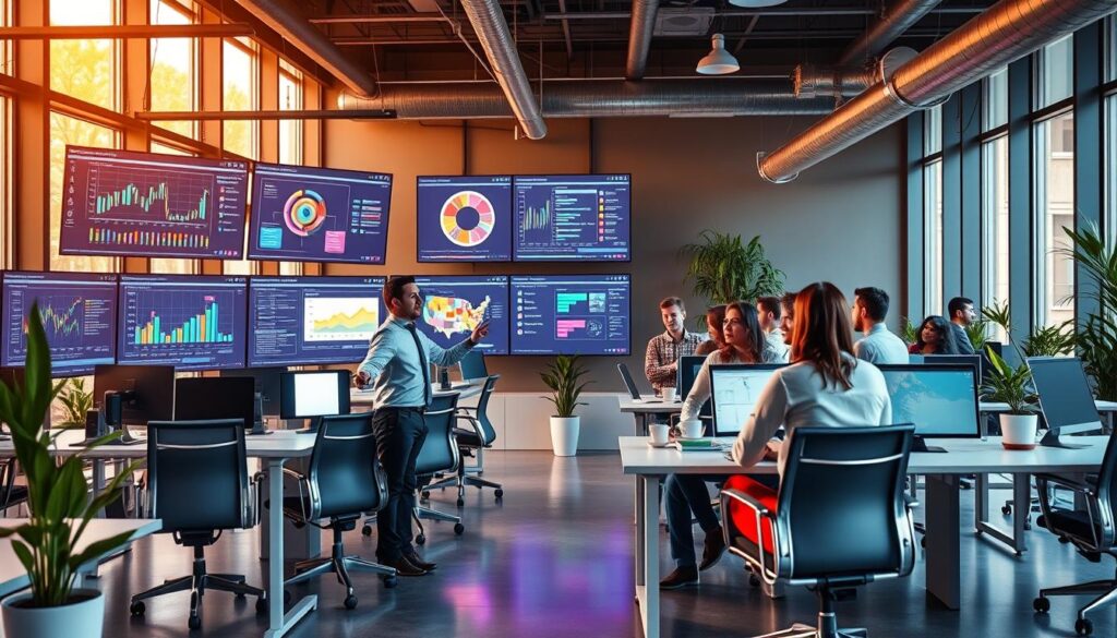 A modern open-office workspace with an array of digital screens displaying colorful project management charts, graphs, and timelines. Sleek ergonomic desks and chairs, with potted plants and mood lighting creating a dynamic, innovative atmosphere. In the foreground, a project manager gestures towards the displays, surrounded by a diverse team of collaborators, all engaged in animated discussion. The scene is bathed in warm, natural light filtering through floor-to-ceiling windows, conveying a sense of productivity, collaboration, and the evolution of project management practices.