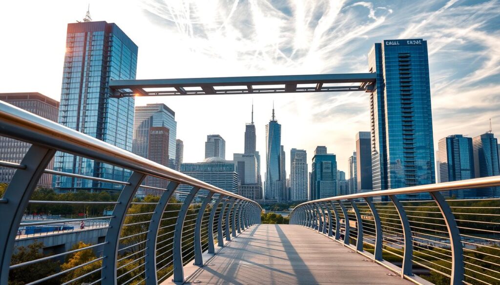 A modern pedestrian bridge constructed with a variety of high-quality materials. In the foreground, sleek steel railings and a concrete walkway stretch across a scenic urban landscape. In the middle ground, the bridge's structural supports are visible, featuring a combination of sturdy steel beams and elegant arched design elements. The background showcases a cityscape of towering glass and steel skyscrapers, bathed in warm, golden sunlight filtering through wispy clouds. The overall scene conveys a sense of urban connectivity, functionality, and architectural sophistication.