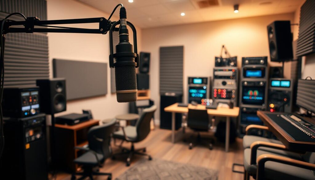 A modern podcast recording studio with high-quality audio equipment and soundproofing materials. In the foreground, a professional-grade microphone on a boom arm stands ready to capture clear, crisp dialogue. In the middle ground, a cozy, minimalist workspace with a sturdy desk, comfortable chairs, and a clean, organized layout. The background features state-of-the-art audio processing hardware, with flashing LED indicators and sleek, metallic finishes. The lighting is warm and focused, creating a professional, yet inviting atmosphere for in-depth discussions on civil engineering topics. The overall scene conveys a sense of expertise, productivity, and a passion for sharing knowledge through engaging audio content.