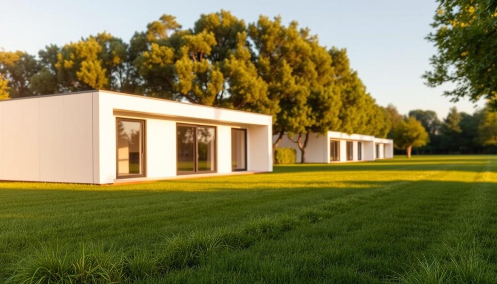 A modern prefab building nestled in a tranquil suburban setting, bathed in soft, warm daylight. The structure features a sleek, minimalist facade with clean lines and large windows that allow natural light to flood the interior. In the foreground, a well-manicured lawn dotted with lush, vibrant greenery creates a harmonious landscape. The middle ground showcases the modular design of the prefab, with distinct sections seamlessly integrated. In the background, a row of mature trees provide a natural backdrop, conveying a sense of environmental sustainability. The overall composition radiates a feeling of affordability, efficiency, and modern living.