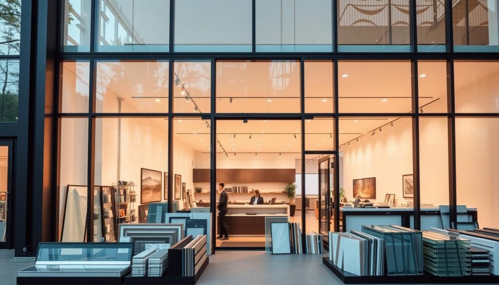 A modern, sleek façade supplier showroom with large glass windows showcasing a variety of architectural glazing products. The building has a minimalist, contemporary design with clean lines, metal and glass elements. Soft, warm lighting illuminates the interior, creating a welcoming atmosphere. In the foreground, various glass panels, metal frames, and architectural samples are neatly displayed. The middle ground features a reception desk and sales representatives, while the background reveals an expansive, open-plan workspace. The overall scene conveys professionalism, innovation, and a focus on high-quality, customizable façade solutions.