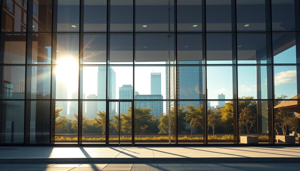A modern, sleek glass facade with a striking geometric design, bathed in warm, natural lighting. The facade features large, floor-to-ceiling panels of tempered glass, arranged in a mesmerizing pattern that plays with light and shadow. The glass reflects the surrounding environment, creating a sense of transparency and seamless integration with the cityscape. The facade is situated in a vibrant urban setting, with a backdrop of towering skyscrapers and lush greenery. The overall impression is one of sophistication, innovation, and a harmonious balance between architecture and nature.
