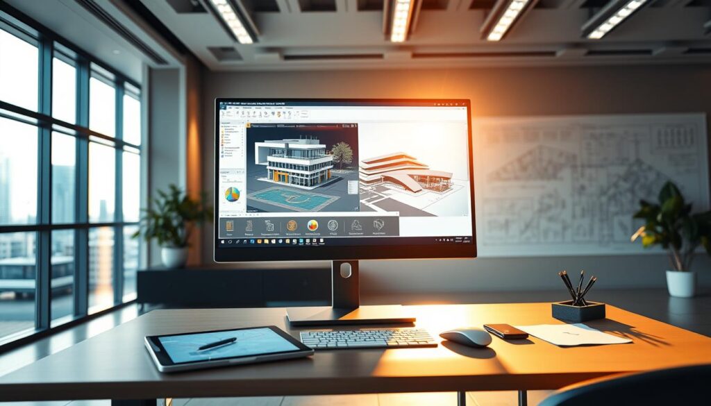 A modern, sleek office interior featuring a large computer monitor displaying a 3D rendering of a civil engineering design software interface. The scene is bathed in warm, natural lighting from floor-to-ceiling windows, creating a productive and inviting atmosphere. In the foreground, an ergonomic desk with a tablet, mouse, and other essential tools are neatly arranged, while the background showcases architectural blueprints and engineering diagrams on the walls. The overall composition highlights the integration of advanced technology and traditional design elements, reflecting the powerful capabilities of civil engineering software solutions.