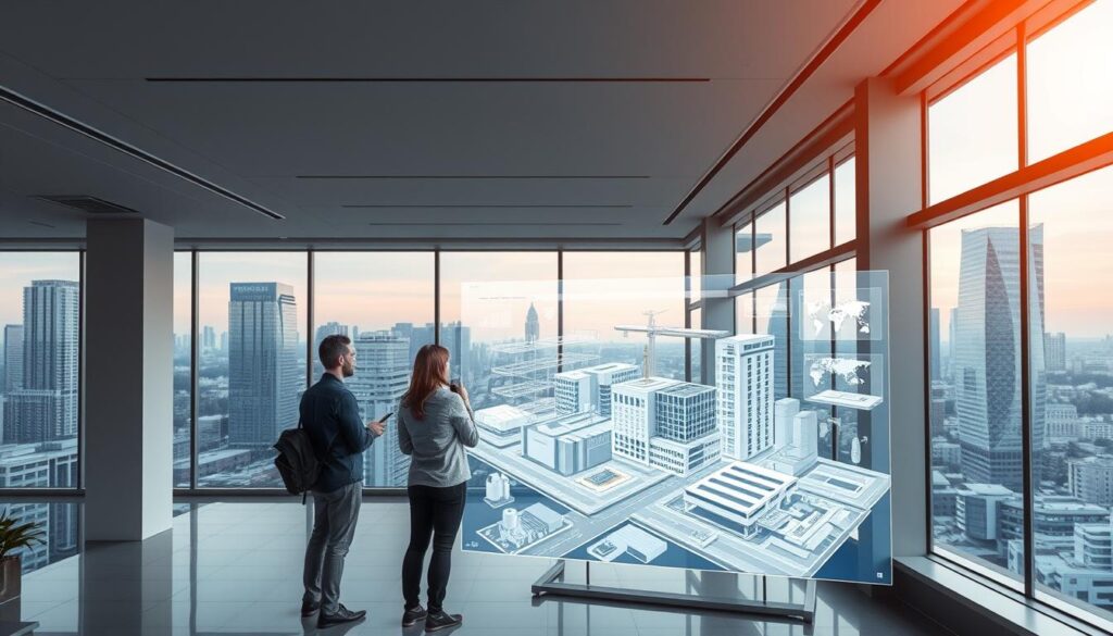 A modern, sleek office interior with floor-to-ceiling windows overlooking a bustling city skyline. In the center, a team of architects and engineers collaborating around a large, interactive Building Information Modeling (BIM) display, examining 3D models and schematics. Soft, ambient lighting casts a warm glow, while a minimalist design palette of whites, grays, and metallic accents creates a professional, high-tech atmosphere. The BIM interface showcases intricate structural details, mechanical systems, and interdisciplinary design elements, reflecting the cutting-edge technology used to manage complex global civil engineering projects.