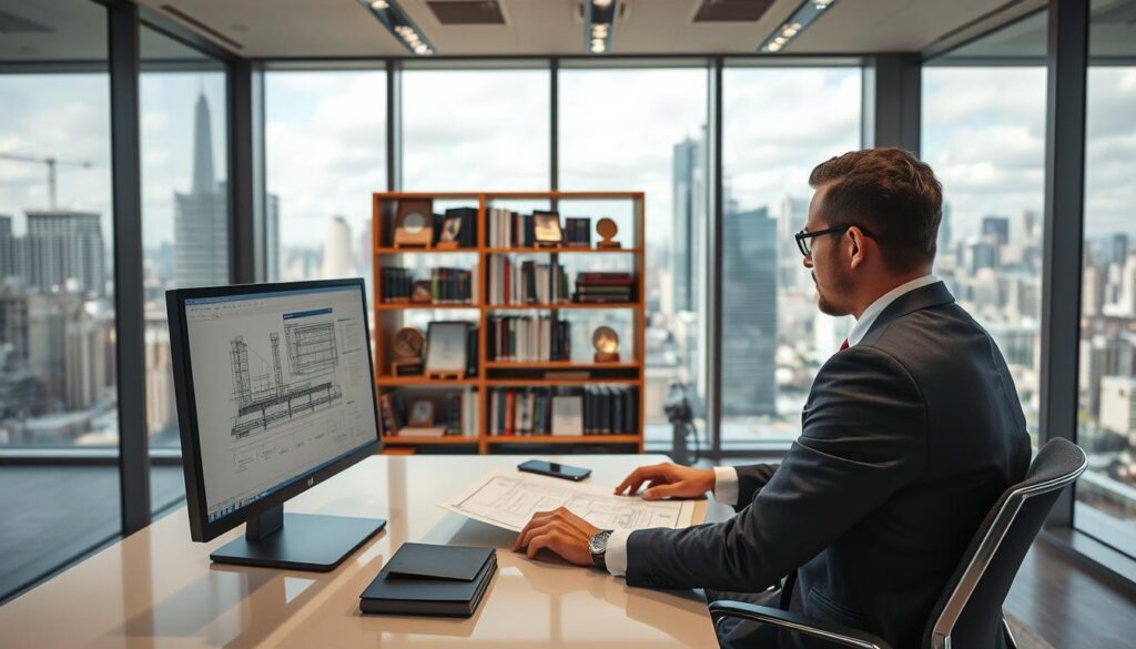 A modern, sleek office interior with large windows overlooking a city skyline. In the foreground, a well-dressed structural engineer sits at a desk, analyzing blueprints and calculations on a high-resolution computer monitor. The middle ground features a bookshelf filled with industry-related texts and awards, conveying the engineer's expertise and professional success. Soft, directional lighting from overhead fixtures creates a warm, productive atmosphere. The background showcases the bustling city outside, hinting at the thriving job market and opportunities for structural engineers. The overall scene reflects the lucrative salary expectations and promising career outlook for this in-demand profession.